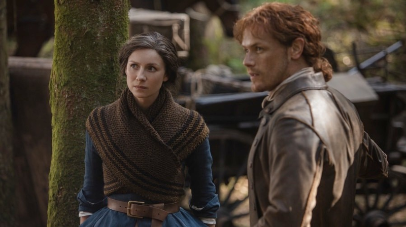 Claire (Caitriona Balfe) and Jamie (Sam Heughan) looking very serious indeed.